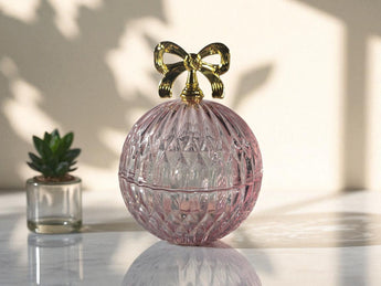 New Shabby Chic Pink Etched Glass Girly Round Bow Storage Jewelry Box