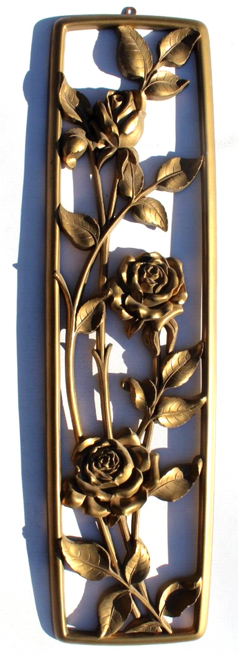 Vtg 1954 Gold Toned SYROCO Wall Plaques Decor Art Roses & Holly Flower Design