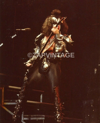 Vtg 1970s Gene Simmons On Stage / Concert Tour Preforming Kiss Music Photo #2217