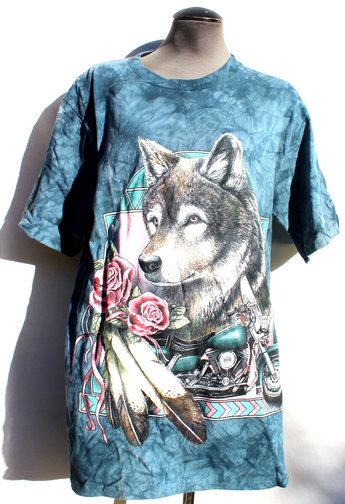 Vtg 1980s Roses Feathers Wolf Motorcycle Mens Short Sleeve Graphic T-Shirt
