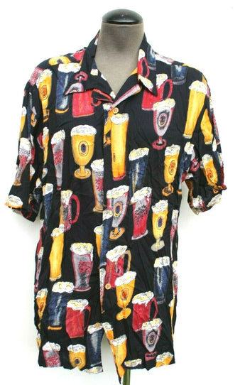 Vtg 1990s NO NAME Men’s Retro Funny Glass Of Beer Print Collar Button Up Shirt M
