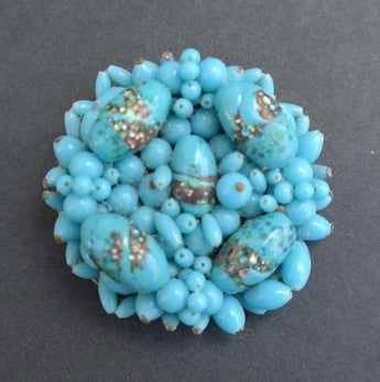 Vintage 1980's Large Light Aqua Blue Beaded Circle Pendant Jewelry