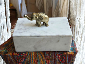 New White Marble BOHO Jungle Accessories Jewelry Trinket Storage W/ Elephant