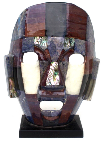 Mexican Folk Art Mayan Aztec Inlaid Semi Precious Stone Burial Death Mask Mosaic