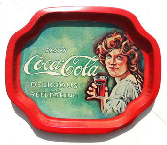 Vintage Mini Metal Tray Delicious & Refreshing Coca Cola Woman Girl 6"X 7.5"