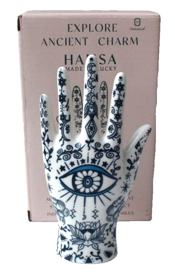Hamsa Hand Ring Holder Jewelry Organizer Display Rack Evil Eye Boho Blue White