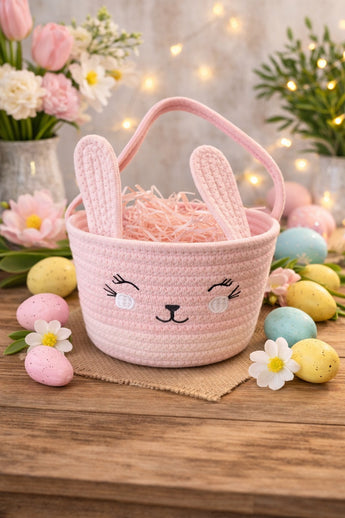 New Farmhouse Woven Pink Bunny Easter Gift Basket W/ Ears Kids Girl