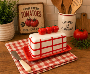 New Ceramic Red / White Tomato Farmhouse Cottage Kitchen Storage Butter Dish