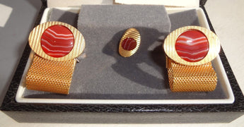 Vintage GOLD Mens Retro AGATE Stone Cuff links & TIE Pin W/ Box NOS