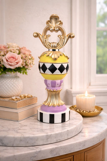 New Harlequin Easter Pedestal Ornament Gold Finial Purple Diamond Pattern Decor