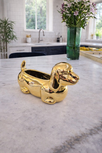 New Gold Dachshund Dog Ceramic Indoor Outdoor Planter Catus Succulent Pot