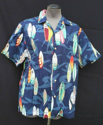 Vintage RJC Hawaiian Shirt Short Sleeve Blue Surf Board Button Front Mens MEDIUM