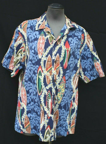 Vintage RJC Hawaiian Shirt Short Sleeve Blue Surf Board Button Front Mens Large
