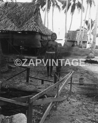 Vintage WWII Japanese Mom & Son Getting Water Grass Huts Photo Image #1775
