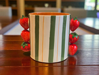 New Green White Stripped Summer Flower Planter Pot Decor W/ Strawberries Handles