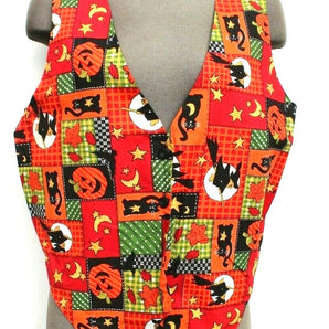 Vtg 1990s Retro Mod Halloween Patch Work Print Funny Holiday Pumpkin Vest Large