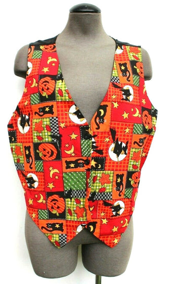 Vtg 1990s Retro Mod Halloween Patch Work Print Funny Holiday Pumpkin Vest Large