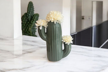 New Ceramic Cactus W/ Artifical White Flower Southwestern Home Decor Accent