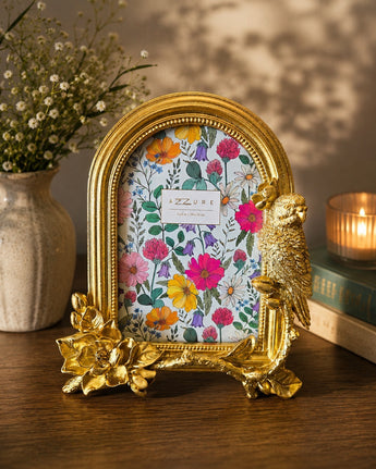 New Gold Figural Jungle Boho Parrot & Flowers Photo Picture Frame 4x6 Room Decor
