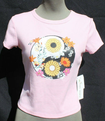 Womens California Pink Flower Yin Yang Crop Top Emo Girl Indie Core Trendy Shirt