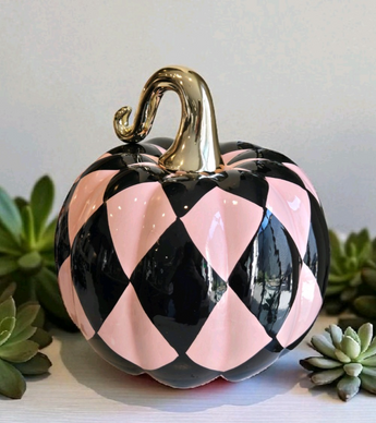 New Large Halloween Decorative Pink and Black Argyle Checkered Ceramic Pumpkin