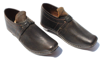 Antique Vtg 1900s Lancashire Childs Black Leather Wood & Iron Shoes Clogs 8"