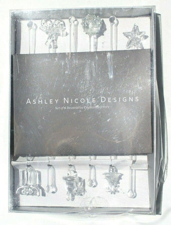 New Set Of 6 ASHLEY NICOLE Clear Glass Drink Mixers Glass Swizzle Sticks