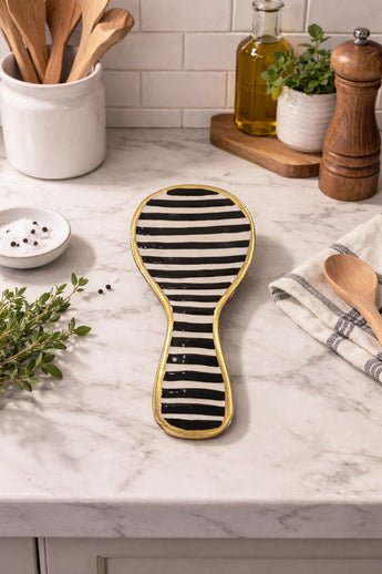 New Modern Black & Whte Stripped W/ Gold Trim Kitchen Spoon Rest Decor