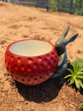 New Red / Gray Rabbit Holding Strawberry Plastic Garden Outdoor Planter Pot