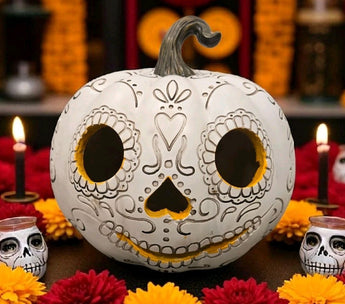 New White & Yellow HALLOWEEN Sugar Skull Day Of The Dead Pumpkin Decor Figurine