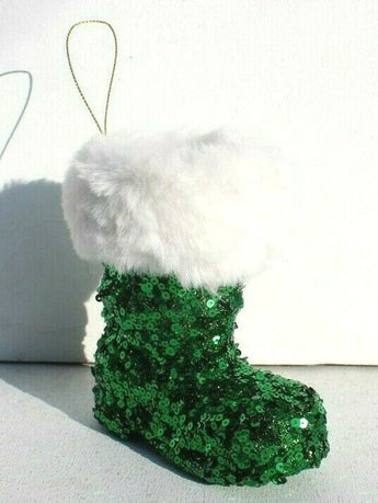 Sparkling / Furry Santa Claus Green Boot Hanging Christmas Tree Ornament