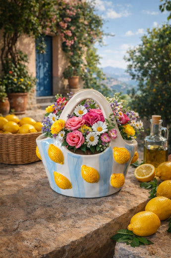 New Blue / Yellow Lemon Motifs Basket Bag Ceramic Flower Vase Room Decor
