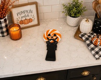 New Black & Orange Swirl Pumpkin Head Halloween Holiday Kitchen Spoon Rest Decor