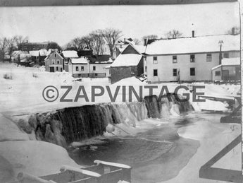 Vintage 1907 No Name Winter Snow Waterfall Little Town Scenic Photo #1949