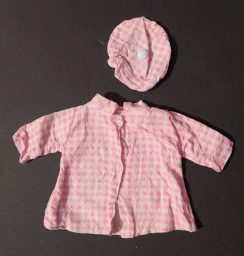 Vtg 1970's Pink Checkered Coat & French Art Hat Doll Play Clothes / Clothing