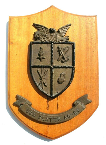 Vintage USS Platte A0-24 Navy Ship Wall Wood / Cast Iron Plaque