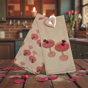 Set Of 2 Pink & Red Valentines Day Heart Love Martini Kitchen Towel 20" X 28"