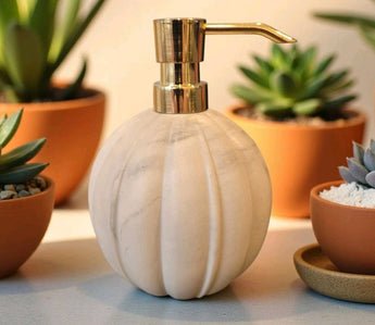 New White Marble Pumpkin W/ Gold Top Soap Dispenser Decor Bathroom Kitchen