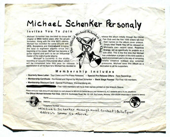 Vintage Michael Schenker Fan Club Personally Invite Flyer UFO (Band)