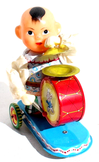 Vintage Baby Playing Drum & Cymbal On Scooter Wind-Up Tin Toy