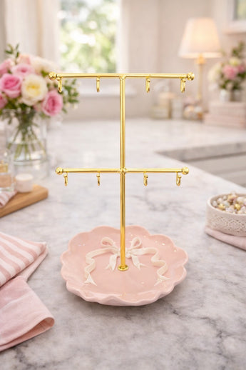 New Girly Shabby Chic W/ Bow Ceramic 2 Tier Tabletop Jewelry Organizer Stand
