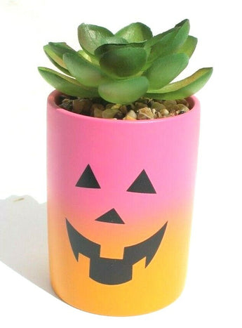 NEW Pink / Orange Happy Halloween Pumpkin Ceramic Planter Plot W/ Succulents