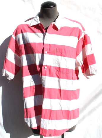 Vtg Mens 1990s Retro Mod Pink & White Stripped Short Sleeve Collar Shirt Medium