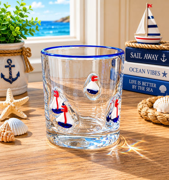 New Beach Nautical Red / Blue Sailboat Barware Beverage Glass Cup Tumbler