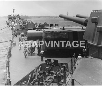Vtg WWII USA Military Navy Boat Top Deck Looking Over Crew Photo Image #1801