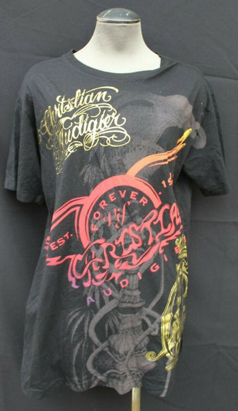 Vintage Large Christian Audigier Black Forever Crown Mens T-shirt XL - NOS