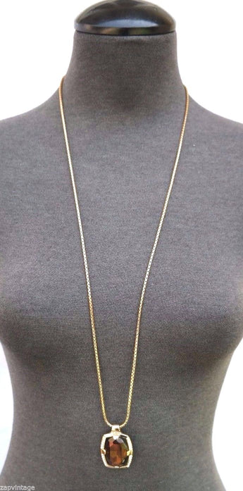 Vintage Smokey Amber Brown Swaroviski Crystal Pendant Necklace W/ Golden Chain