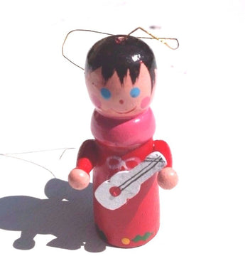 Sealed VTG 1970's Mini WOOD / Wooden ANGEL W/ GUITAR Christmas Tree Ornament