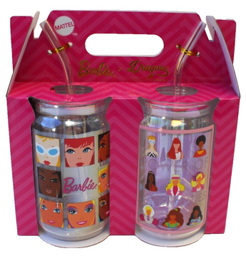 New Mattel Barbie X Drago Glass Drinking Cup W/ Lid Glassware Tumblers Set