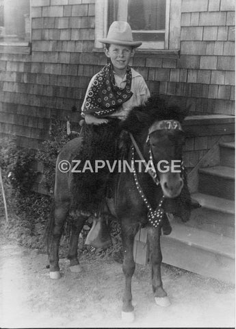 Vtg 1940s 1950s Boy / Kid Riding His Pony / Horse On Farm Cowboy Photo #2674